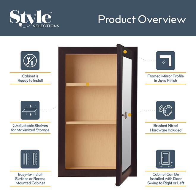 Style Selections 15.75-in x 25.75-in Surface/Recessed Mount Java Mirrored Medicine Cabinet