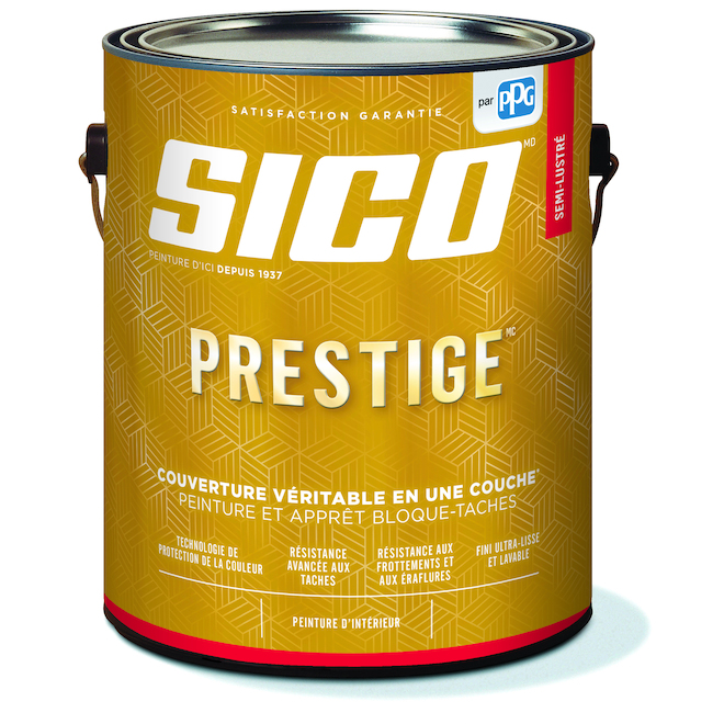 Peinture et apprêt d'intérieur bloque-taches SICO Prestige 100% acrylique base neutre fini semi-lustré, 3,78 L