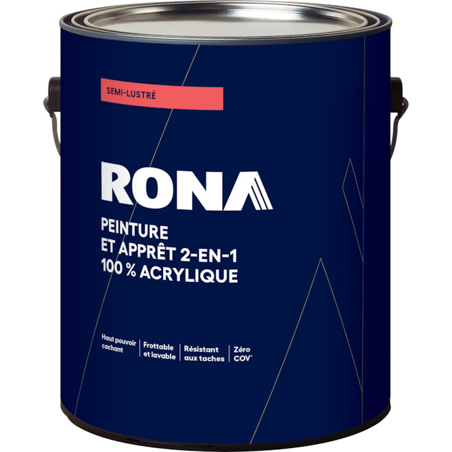 Peinture et apprêt d'intérieur 2-en-1 à l'acrylique RONA, blanc, fini semi-lustré, 3,78 L