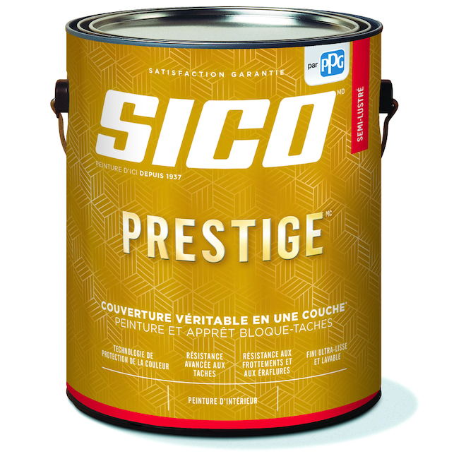 Peinture et apprêt d'intérieur bloque-taches SICO Prestige 100% acrylique base moyenne fini semi-lustré, 3,78 L