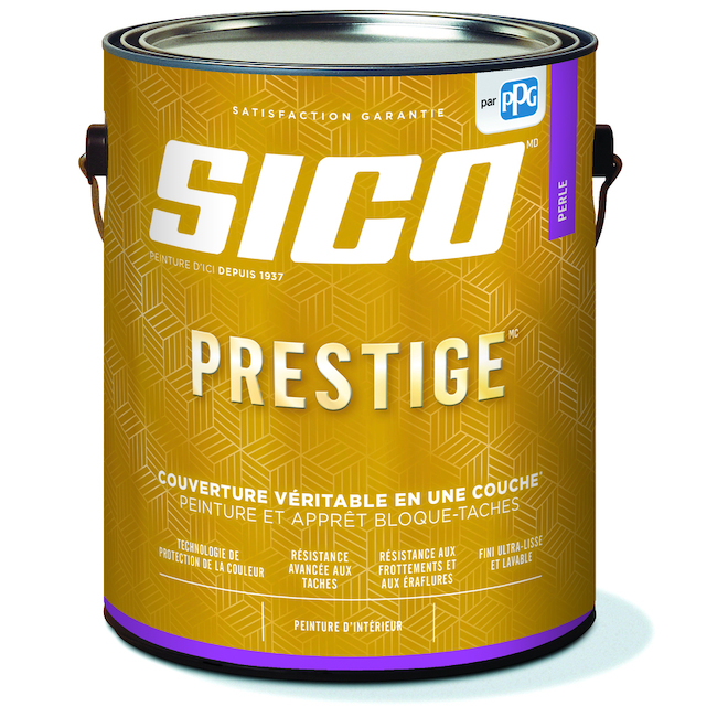 Peinture et apprêt d'intérieur bloque-taches SICO Prestige 100% acrylique base moyenne fini perle, 3,78 L