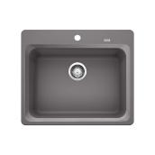 Blanco Vision 20.88-in x 24.65-in x 8-in Cinder Grey Silgranit Single Kitchen Sink - Stainless Steel Strainer Included