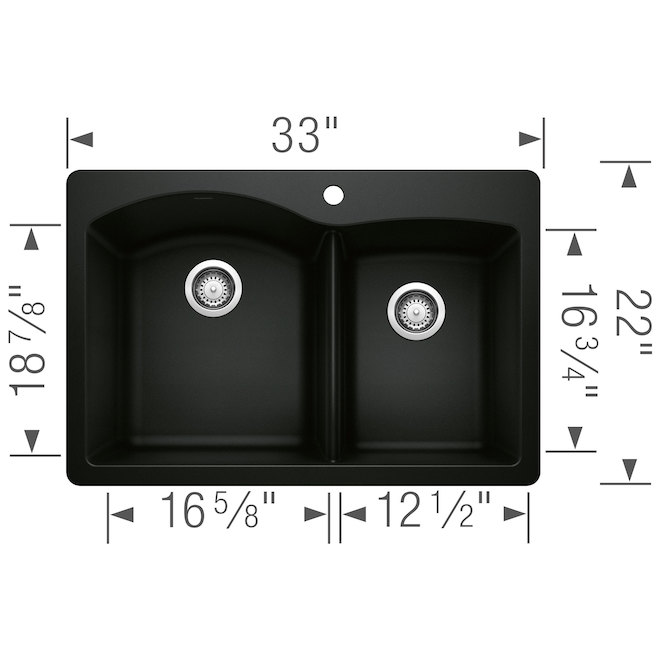 Blanco Diamond 33-in x 21-in Black Silgranit Double Offset Drop-in Residential Kitchen Sink