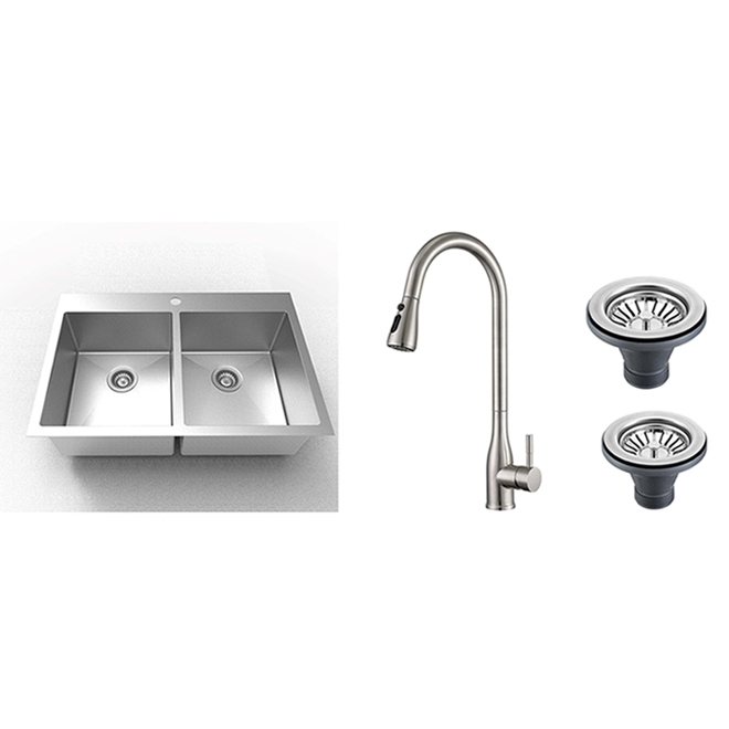 31.5-in x 20.5-in Stainless Steel Double Equal Bowl 1-Hole Residential Kitchen Sink and Faucet Combo