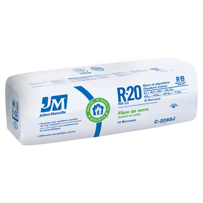 Isolant de construction en fibre de verre Johns Manville, R20, 85,33 pi², 16 morceaux, murs et planchers