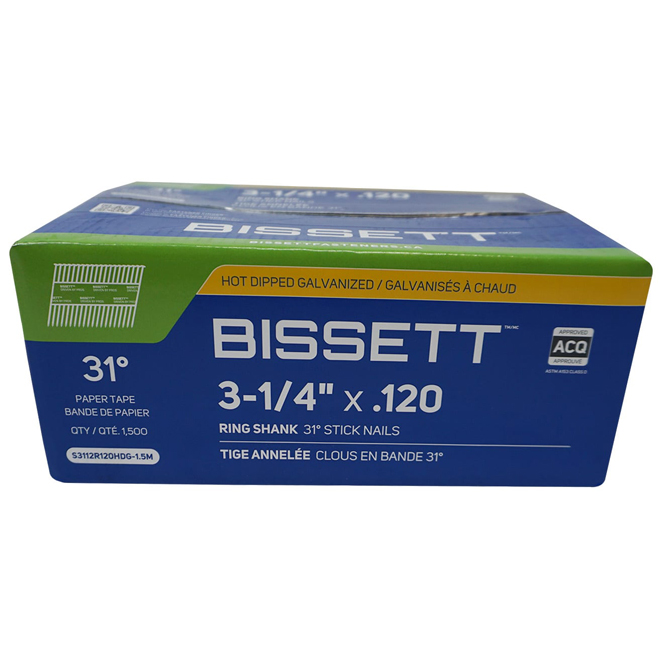 Clous de charpente sur bande de papier Bissett avec tige annelée de 0,12 x 3 1/4 po, bleu