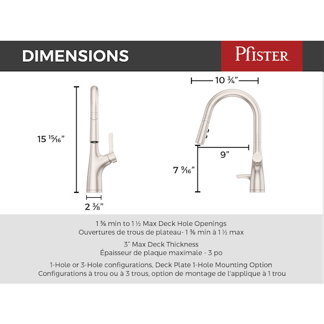 Robinet de cuisine à 1 poignée Ceylon Pfister en acier inoxydable avec bec rétractable