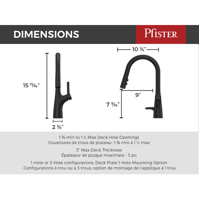 Robinet de cuisine à 1 poignée Ceylon Pfister en noir mat avec bec rétractable