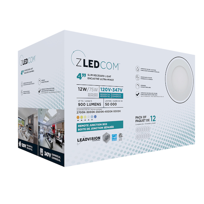 Ensemble de lumières encastrées Leadvision SLEDCOM, intensité réglable, 4 po, blanc, 12 unités