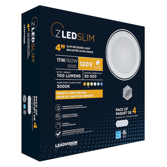 Ensemble de lumières encastrées Leadvision Z LEDSLIM, intensité réglable, 4 po, blanc, 4 unités