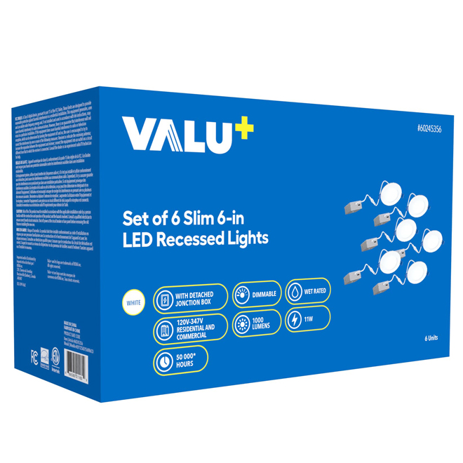 VALU+ 6-in White Dimmable LED Ultra Slim Recessed 6-Light Set with Remote Junction Box - 5 CCT