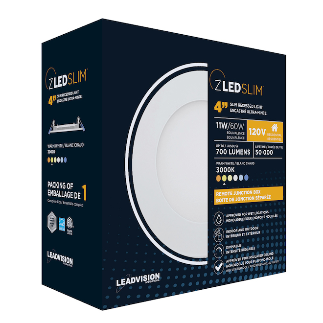Luminaire DEL encastré ultra-mince Leadvision avec boîte de jonction séparée, 4 po, blanc