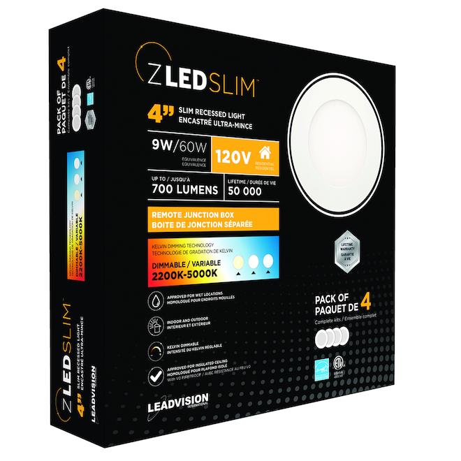 Luminaires encastrés 4 po ZLED Slim 11 W  intensité variable blanc avec boîte de jonction séparée, paquet de 4