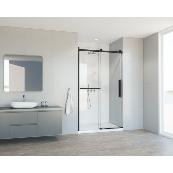 Hades Allen + Roth Clear Glass Sliding Alcove Shower Door with Matte Black Hardware 48-in