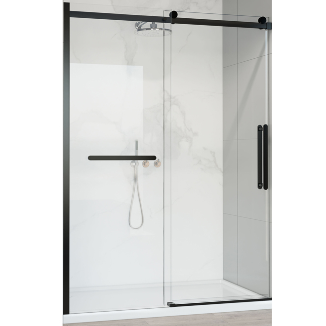 Porte de douche en alcôve coulissante Hades en verre transparent Allen + Roth 60 po avec ferrure noir mat