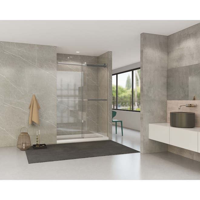 Demeter Allen + Roth 60-in Clear Glass Sliding Alcove Frameless Shower Door with Chrome Hardware