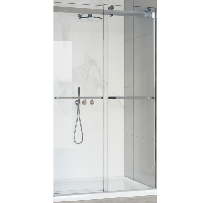 Demeter Allen + Roth 48-in Clear Glass Sliding Alcove Frameless Shower Door with Chrome Hardware