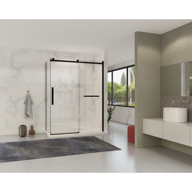 Landon & Co. Aqualine 32-in Clear Glass Return Shower Panel with Matte Black Hardware