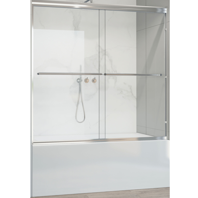 Zeus Allen + Roth 60-in Sliding Clear Glass Bath Shower Unit Door with Chrom Hardware