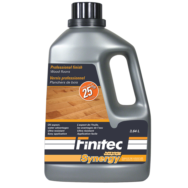 Vernis pour plancher de bois à base d'eau Finitec Synergy, satiné, faible COV, ambre translucide, 3,64 L