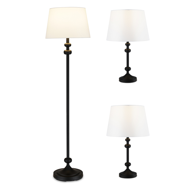 Project Source Floor Lamp and Table Lamps - 58-in/22-in - Metal/Fabric - Black/White - 3-Piece Set