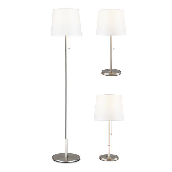 Lampe sur pied et lampes de table Project Source, 58 po/22 po, métal/lin, nickel brossé/blanc, ensemble de 3