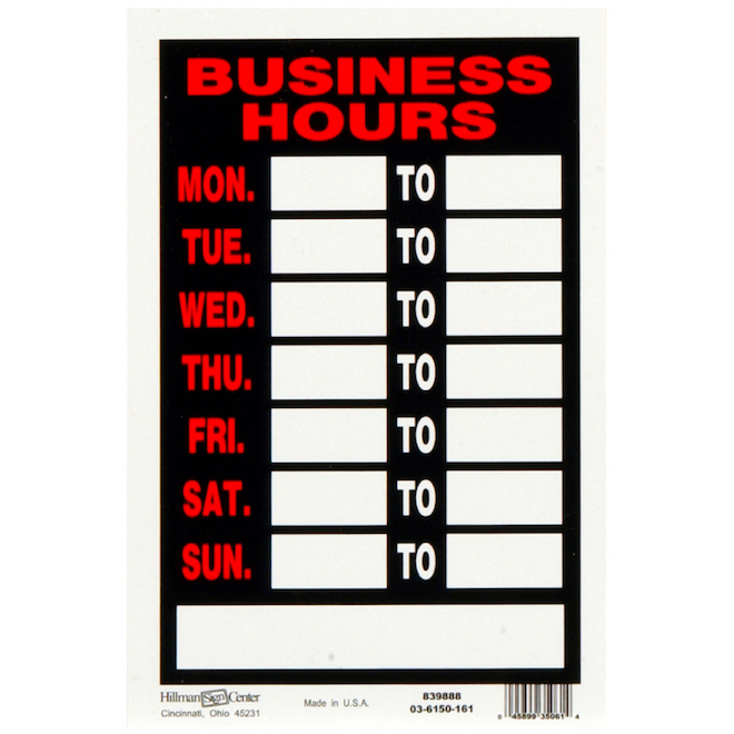 Enseigne Business Hours Hillman, 12 po x 8 po