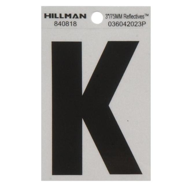 Lettre K réfléchissante Hillman 3 po vinyle noir et argent