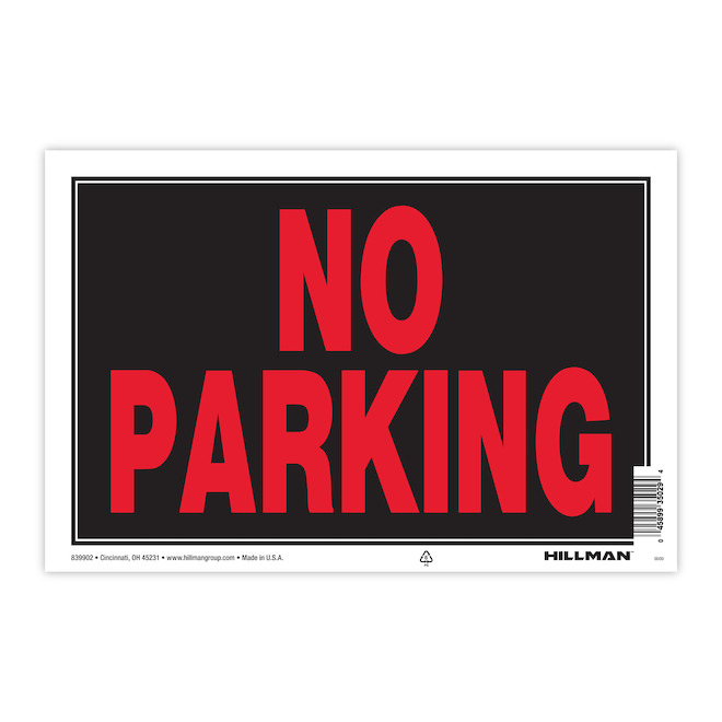 Enseigne « NO PARKING » Hillman en anglais de 8 x 12 po, noir et rouge