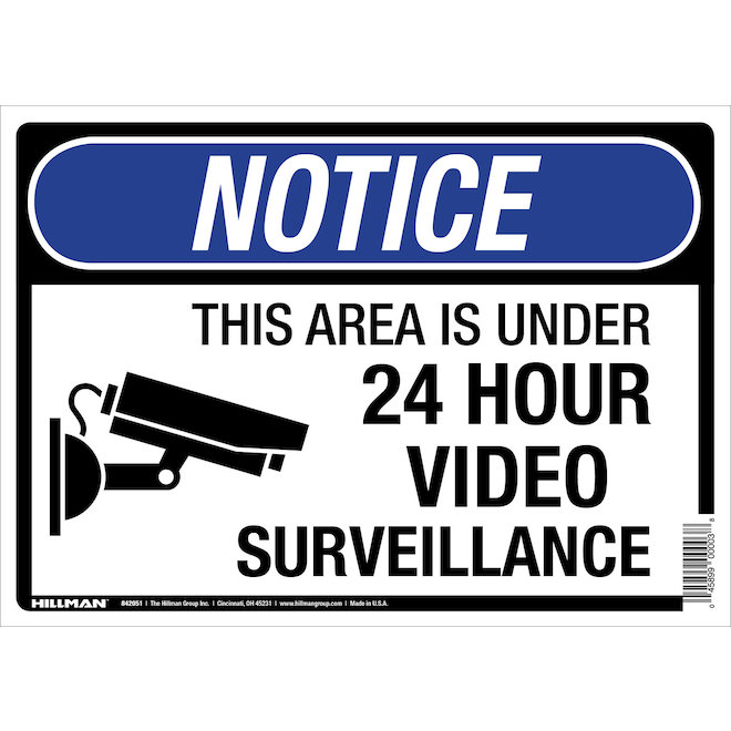 Hillman 10 x 14-in  "NOTICE THIS AREA IS UNDER 24 HOURS VIDEO SURVEILLANCE" Sign with Pictogram - Black and Blue