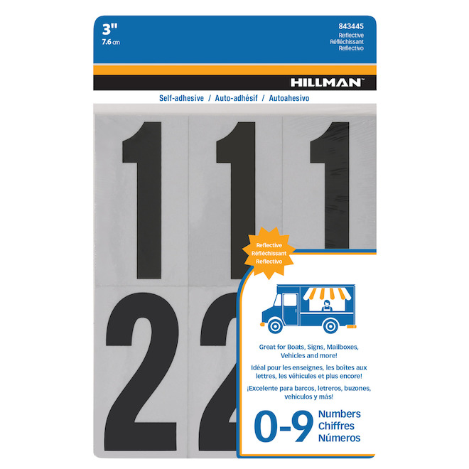 Hillman Set of Reflective and Adhesive 3-in Numbers - Black and Silver