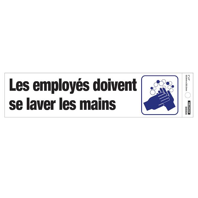 Enseigne « Les employés doivent se laver les mains » Hillman de 2 x 8 po avec pictogramme, noir et bleu