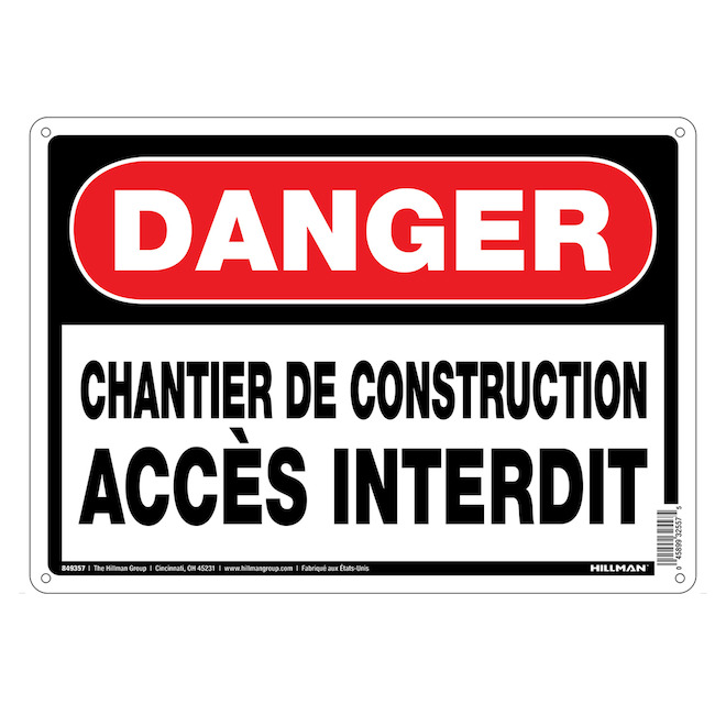 Enseigne « DANGER CHANTIER DE CONSTRUCTION ACCÈS INTERDIT » Hillman de 10 x 14 po avec pictogramme, noir et rouge