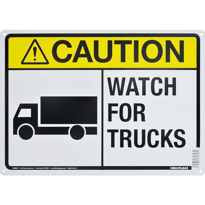 Enseigne « CAUTION WATCH FOR TRUCKS » Hillman en anglais de 10 x 14 po avec pictogramme, noir et jaune