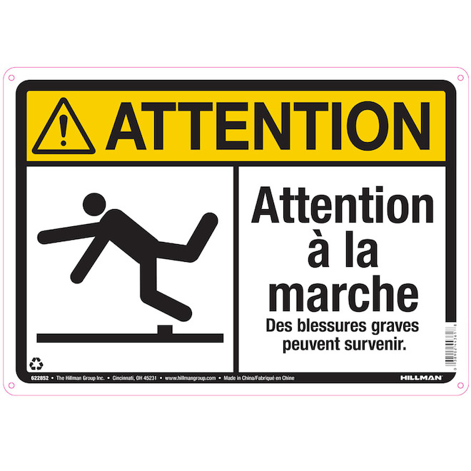 Enseigne « ATTENTION Attention à la marche Des blessures graves peuvent survenir  » Hillman de 10 x 14 po, noir et jaune