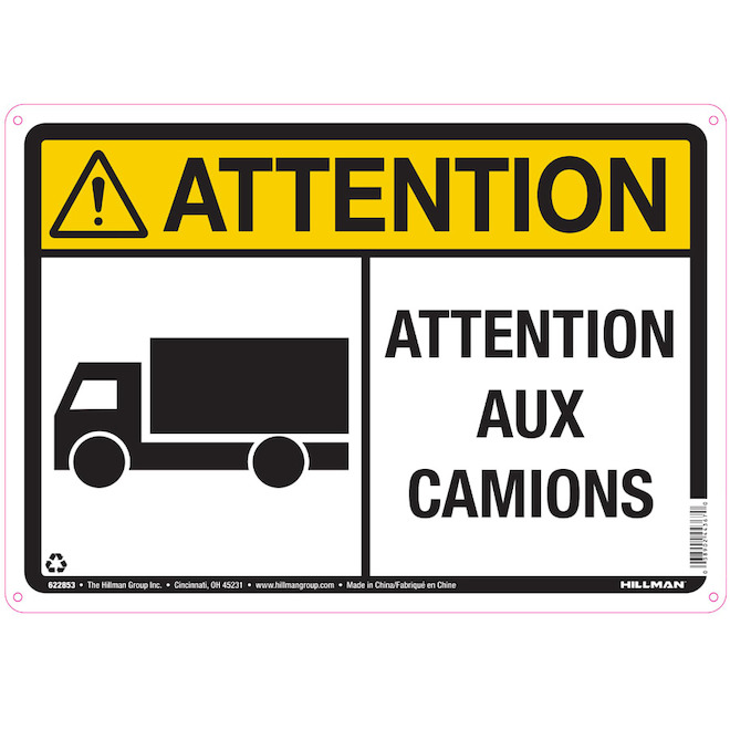 Enseigne « ATTENTION ATTENTION AUX CAMIONS » Hillman de 10 x 14 po avec pictogramme, noir et rouge