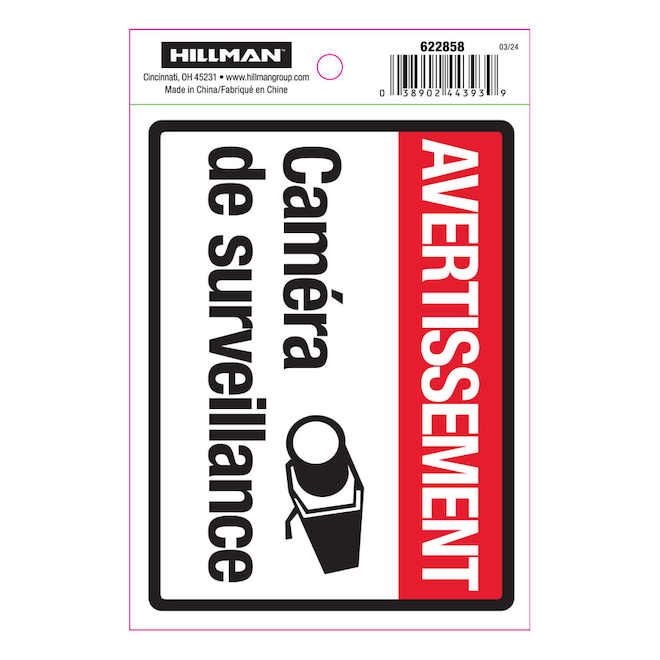 Enseigne « AVERTISSEMENT Caméra de surveillance » Hillman de 10 x 14 po avec pictogramme, rouge et noir