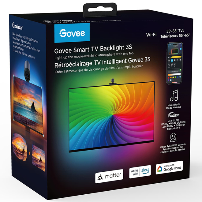 Rétroéclairage à DEL intégrée RVBIC 4-en-1 3S par Govee avec caméra pour téléviseur intelligent de 55 à 65 po, 11,8 pi