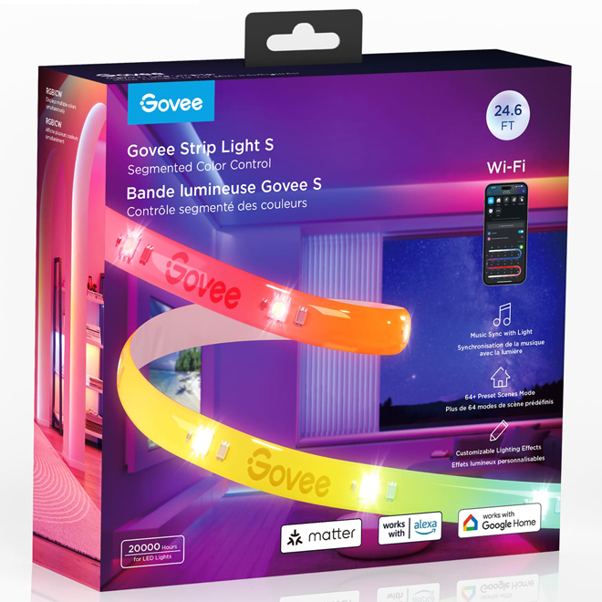 Bande lumineuse à DEL RVBIC Wi-Fi à contrôle segmenté des couleurs S par Govee, 24,6 pi