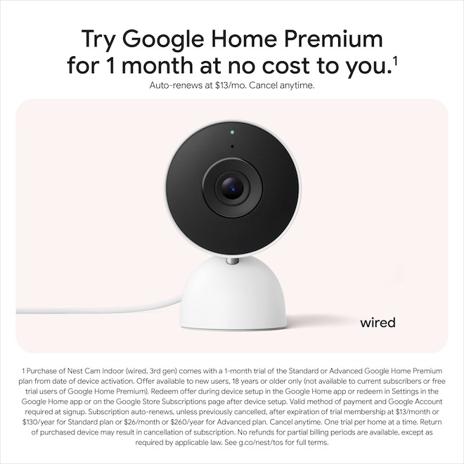 Google Nest 3rd Gen Camera Wired for Indoors with 2K Video and Gemini - Snow