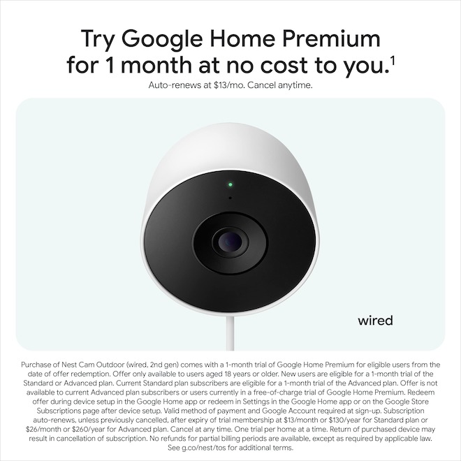 Google Nest 2nd Gen Camera Wired for Outdoors with 2K Video and Gemini - Snow
