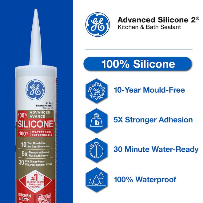 GE Advanced Silicone 2 Sealant for Kitchen and Bath 298-mL - Clear