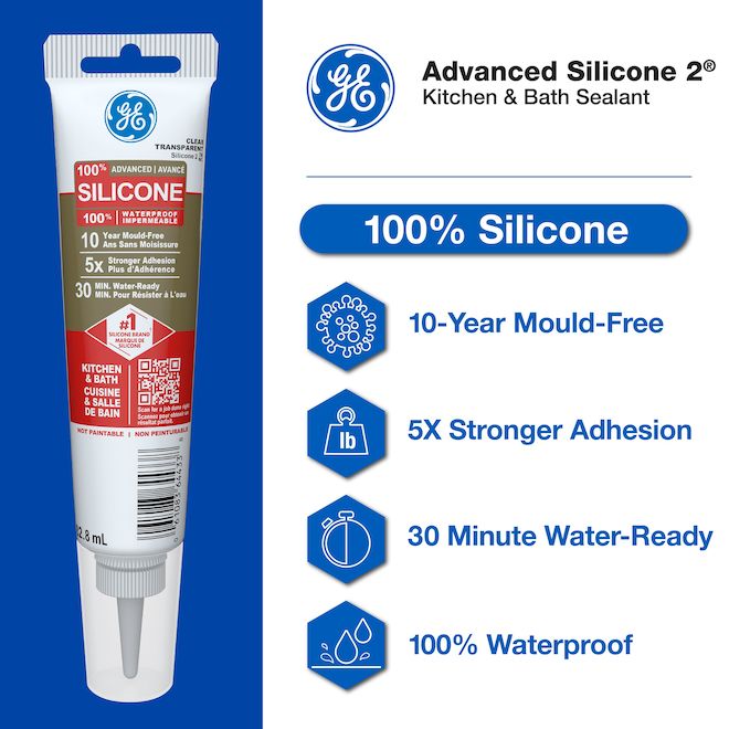GE Advanced Silicone 2 Sealant for Kitchen and Bath 82.8-mL - Clear