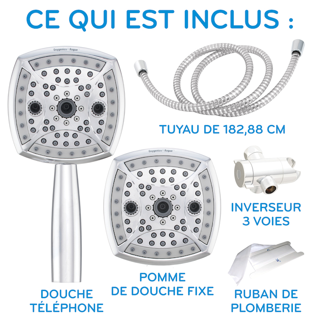 Ensemble pomme de douche et douchette à main à 80 fonctions, Oxygenics Rogue, chrome poli (1-paquet)