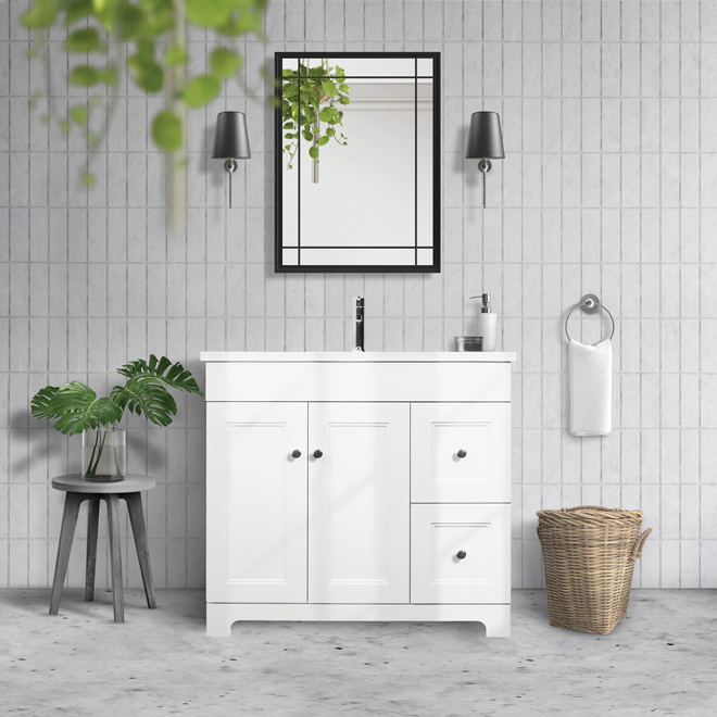 Meuble-lavabo à 2 portes et 2 tiroirs Classic de Luxo Marbre, 37 po monotrou, marbre synthétique blanc