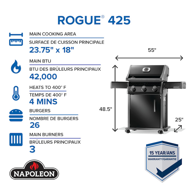 Napoleon Rogue 425 Propane Gas Grill with 3 Burners 42 000 BTU - Black