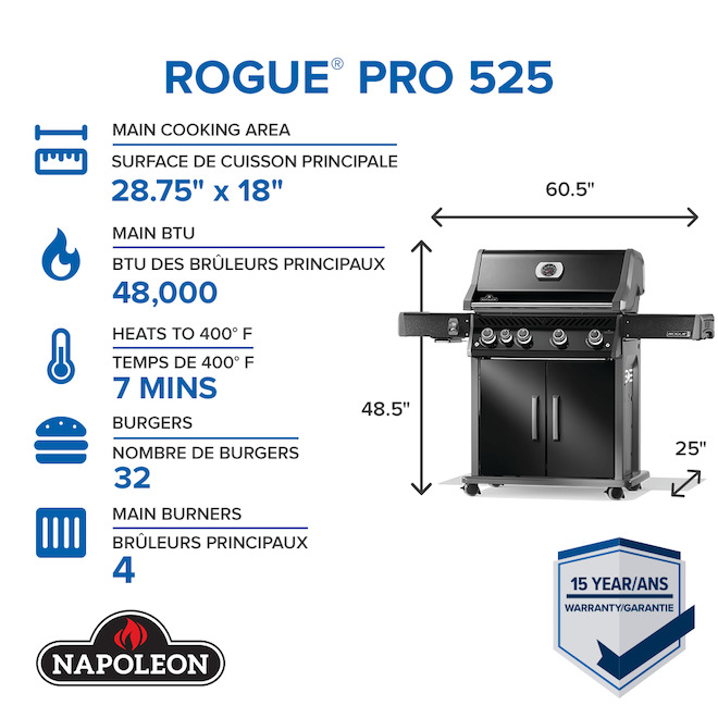 Barbecue au gaz propane Rogue PRO 525 Napoléon avec 4 brûleurs et 1 brûleur latéral, 90 000 BTU, noir