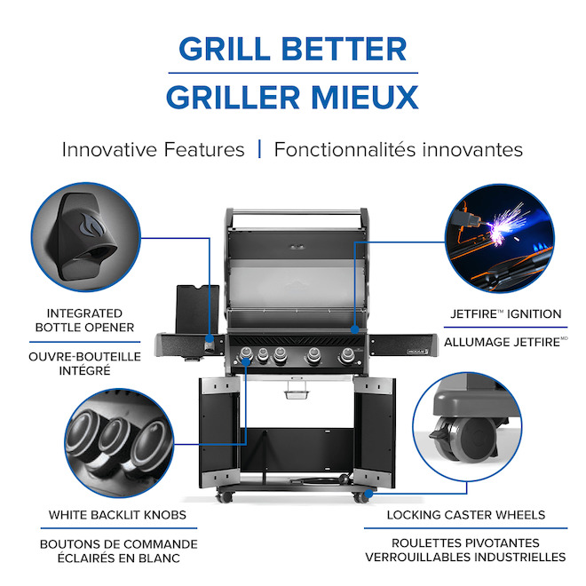 Barbecue au gaz propane Rogue PRO 525 Napoléon avec 4 brûleurs et 1 brûleur latéral, 90 000 BTU, noir