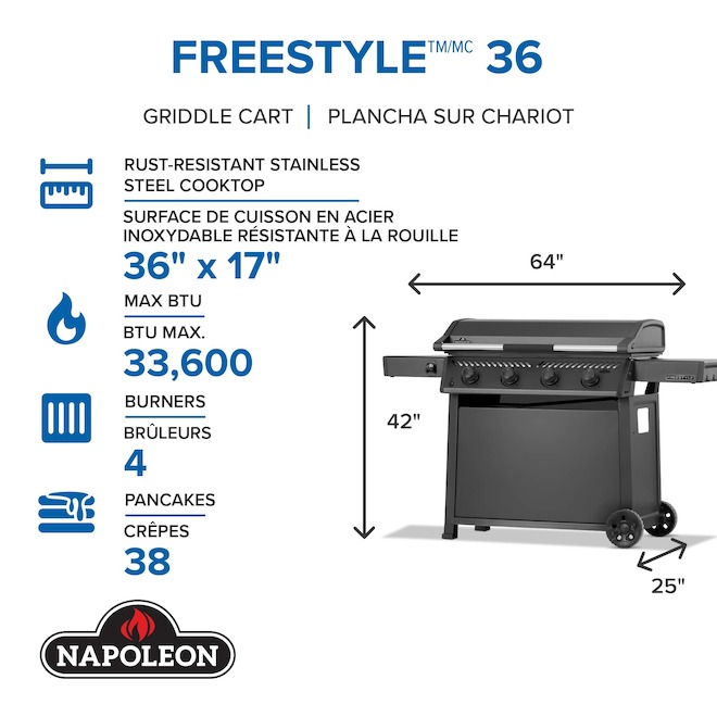 Napoleon Freestyle Griddle Cart Propane Gas 36-in 15 000 BTU - Matte Black