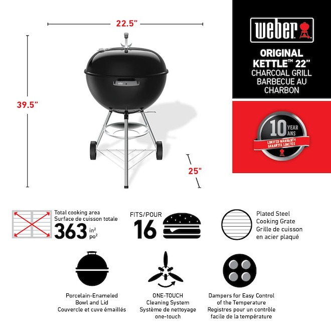 Weber Original 22.5-in Black Kettle Charcoal Barbecue, 363-sq. in.